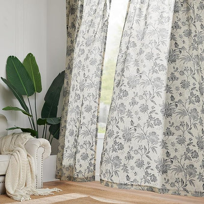 jinchan Linen Floral Curtains for Living Room with Printed Flower 96 Inches Long Light Filtering French Country Back Tab Rod Pocket Black Window Curtain Set Farmhouse Drapes 2 Panels Black