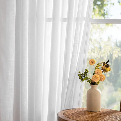 MYSKY HOME 108 Inches Long White Sheer Window Drapes 2 Panel Sets for Sliding Door Back Tab Draperies Linen Look Floor to Ceiling Curtains Soft Cotton Blend Light Filtering for Living Room
