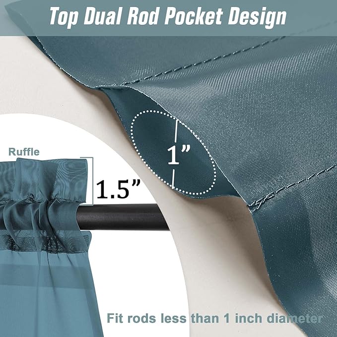 Valances for Windows 14 inch Length 2 Panels, Small Voile Sheer Curtains for Bathroom, Soft Fabric Lightweight Light Filtering Kitchen Curtains, Dual Rod Pocket, Dusty Blue, 2x42Wx14L Inches