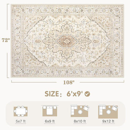 Area Rugs 6x9 Vintage Rug: Washable Living Room Rug Retro Medallion Distressed Large Soft Low Pile Non-Slip Indoor Floor Carpet for Bedroom Kitchen Nursery Dining Table Office (BeigeBrown, 6'x9')