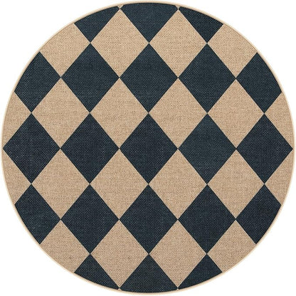 Lahome Colette Checkered Round Rug 3ft, Circle Indoor Outdoor Entryway Patio Rug Washable Easy Jute Rug, Farmhouse Non Slip Small Round Rugs for Bedroom Porch Living Room Decor