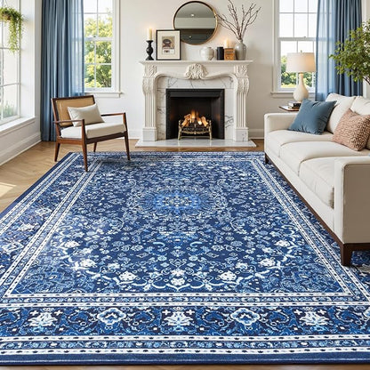Lofus 8x10 Area Rugs for Living Room, Machine Washable Non-Slip Area Rug, Low Pile Large Rugs for Bedroom, Kitchen, Dining Room, Home Office, Vintage Oriental Print Rug, Dark Blue with White