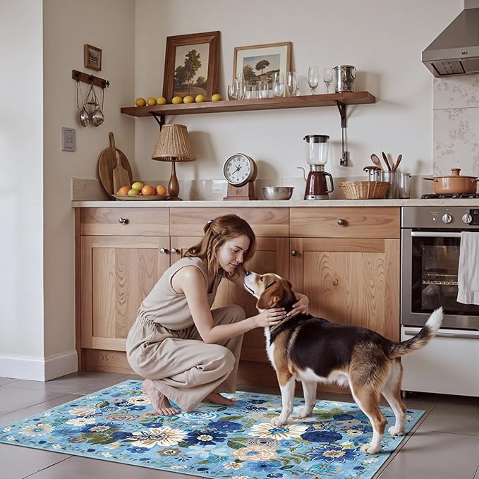 2x4 Entryway Runner Rugs, Non Slip Washable Rugs with Rubber Backing Soft Floral Carpet Runner for Kitchen, Laundry, Bedroom, Bathroom(2 x 4, Blue Garden)