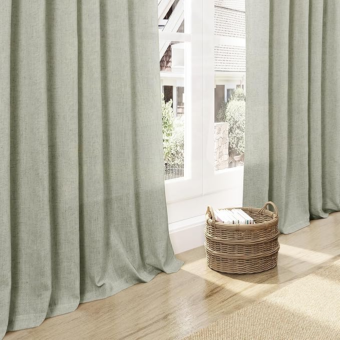 Nanspring Sage Green Linen Curtains 63 Inches Length 2 Panels Set for Living Room Back Tab Pocket Light Filtering Semi Sheer Drapes Cotton Linen Textured Pale Green Window Curtain 52X63 Inches