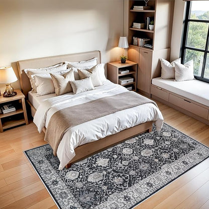 5x7 Living Room Area Rugs: Washable Non-Slip Stain Resistant Rug for Bedroom Dining Room Vintage Ultra Soft Indoor Carpet for Nursery Kitchen Farmhouse Thin Floor Mat for Home Office (5x7 Black)