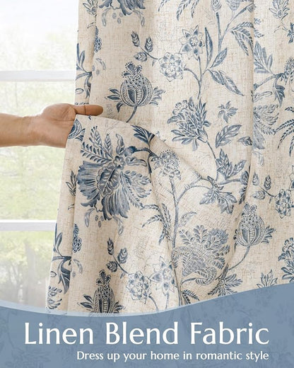 jinchan Lined Linen Floral Curtains for Living Room, 96 Inch Length Printed Flower Farmhouse Patterned French Country Back Tab Blue Window Drapes Set Privacy Bedroom Curtains, 2 Panels