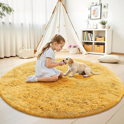 OLANLY Mustard Yellow Round Rugs for Bedroom - Machine Washable, 7 ft Circle Area Rugs for Living Room, Soft and Fluffy Shaggy Carpet for Teen Girl and Boys, Nursery Rooms, Dorms, Home Decor Aesthetic