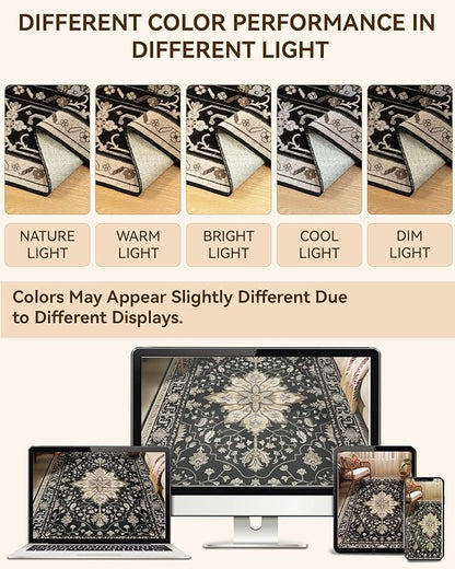 RELEANY Area Rugs 8'x10' Washable Non-Slip, Floral Vintage Distress Print Pattern Medallion Carpet for Living Room Bedroom Dining Room, Black Brown Neutral Dark Tan