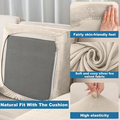 Couch Cover 4-Piece Elastic Velvet Couch Cushion Covers & Chaise Slipcovers for L-Shaped Sofas - Sofa Seat Covers Washable, Soft Protector for Couches (3 Seater + Chaise, Cream)