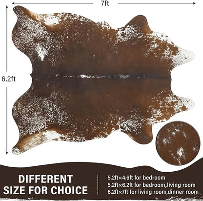 AROGAN Western Decor Faux Fur Cowhide Rug, 6.2x7 Feet Premium Animal Skin Cow Hide Rug, Durable Cow Print Rugs for Wall Decor, Western Floor Carpet for Bedroom Living Room, Spotted Brown