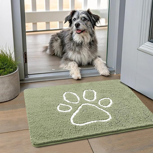 Smiry Dog Door Mat for Muddy Paws, Absorbent Dirt Trapper Non Slip Quick Dry Washable Chenille Mat for Mud Dogs, Entry Rug for Indoor and Outdoor (24x16 Inches, Sage Green and White)