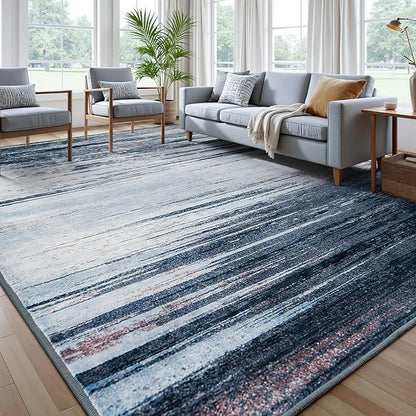 Rugflix 9x12 Large Area Rug, Washable Rug for Living Room, Non Slip, Soft Low Pile, Modern Abstract Blue Grey Indoor Carpet for Bedroom, Dining Room, Home Office, Large Room