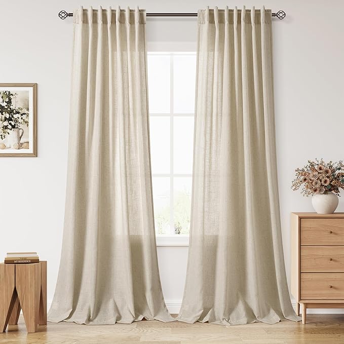 Nanspring Eggshell Beige Linen Curtains 96 Inches Long for Living Room Rustic Luxury Light Filtering Semi Sheer Curtain Back Tab Neutral Coastal Decor Drapes for Bedroom Office 52x96, 2 Panels