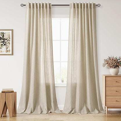 Eggshell Beige Linen Curtains for Living Room 100 Inches Long Light Filtering Semi Sheer Curtain Back Tab Rustic Farmhouse Decor Burlap Luxury Boho Drapes for Bedroom Dinner Room 52x100, 2 Panels