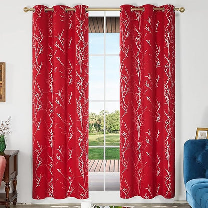 Deconovo Christmas Red Curtains, Blackout Drapes, Soundproof Curtain, Silver Print, 42 x 84 Inch Long, 2 Panels, Machine Washable Window Panel for Living Room Bedroom Festival Party Decoration Kitchen