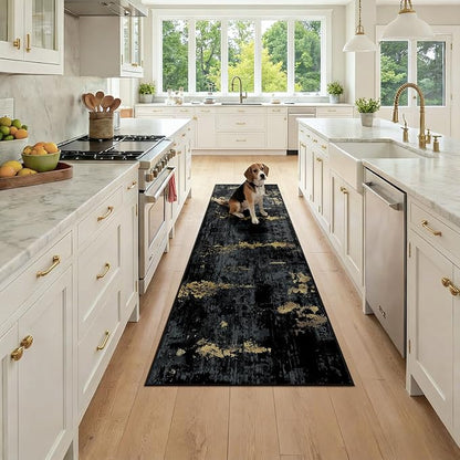 Washable Area Rugs 2x7 Non-Slip Modern Abstract Soft for Living Room Entryway Bedroom Nursery, Print Pattern, Dark Black Gold
