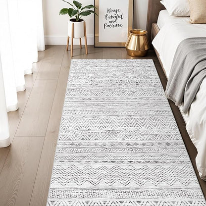 3x6 Washable Hallway Runner Rug - Moroccan Non-Slip Long Runners for Entryway Soft Modern Geometric Low-Pile Rugs for Kitchen Waterproof Neutral Carpet for Bedroom Bathroom Laundry 3x6 Grey