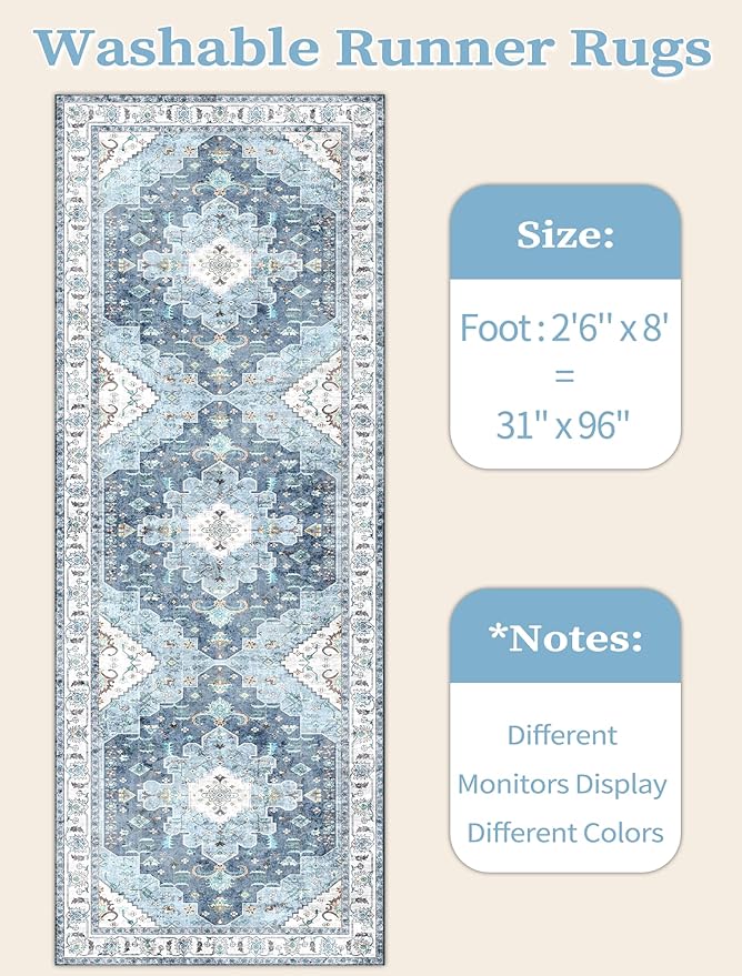SERISSA Boho Washable Runner Rug, 2'6"x8' Non-Slip Vintage Blue Hallway Kitchen Runner Rug Ultra Soft Print Distressed Floor Carpet for Bedroom Bathroom Laundry Living Room