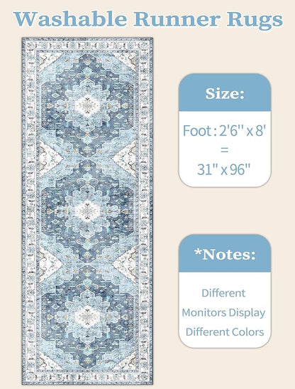 SERISSA Boho Washable Runner Rug, 2'6"x8' Non-Slip Vintage Blue Hallway Kitchen Runner Rug Ultra Soft Print Distressed Floor Carpet for Bedroom Bathroom Laundry Living Room
