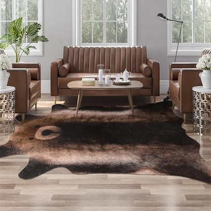 AROGAN Premium Bear Print Rug 4.6x5.2 Feet, Machine Washable Faux Fur Rug, Non-Slip Animal Print Hide Bear Skin Area Rug for Bedroom Living Room Home Decor
