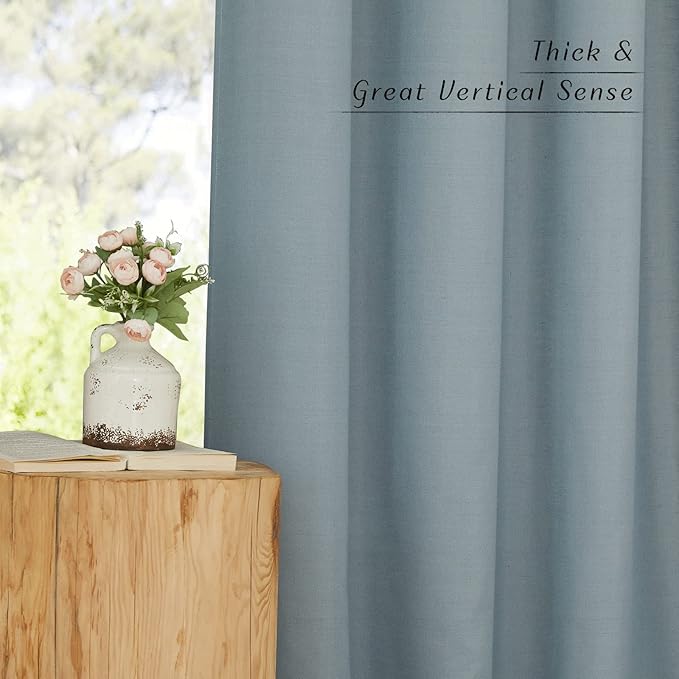 NICETOWN Linen Flax Semi Sheer Curtains 92" Length, Grommet Window Treatments Privacy Added with Light Penetration Vertical Drapes for Loft/Home Office, Stone Blue, W55 x L92, 2 Panels