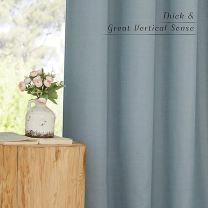 NICETOWN Linen Flax Semi Sheer Curtains 92" Length, Grommet Window Treatments Privacy Added with Light Penetration Vertical Drapes for Loft/Home Office, Stone Blue, W55 x L92, 2 Panels