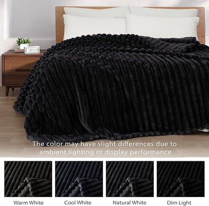 Exclusivo Mezcla Queen Size Flannel Fleece Blanket, Super Soft Striped Jacquard Bed Blanket, Lightweight Fuzzy Cozy for All Seasons, 90x90 Inches, Black