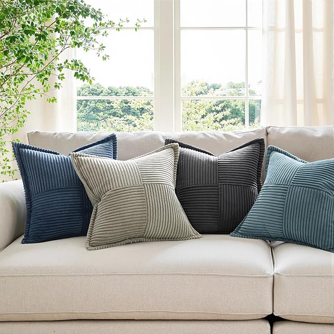 MIULEE Decorative Throw Pillow Covers for Couch Bed Livingroom 18x18 Inch Set of 2 Blue Boho Accent Throw Pllows Broadside Striped Patchwork Soft Corduroy Spring Coastal Pillowcases