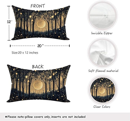 Rustic William Morris Inspired Gold Moon Pillow Covers 12x20 Set of 2,Vintage Black and Gold Moon Forest Botanical Nature Landscape Decorative Throw Pillow Covers for Home Bedroom Living Room