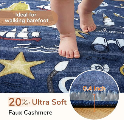 OPPODREAM Nautical Soft Area Rugs 5x7, Washable Dark Blue Rug with Non Slip Backing, 5 x 7 Faux Cashmere Low-Pile 5x7 Carpet