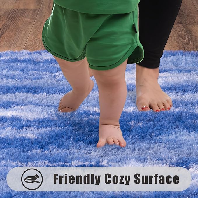 Soft Runner Rugs for Bedroom Hallways, 2x5 Abstract Blue White Fluffy Shag Throw Area Rug Non Slip for Bedside Dorm, Long Shaggy Furry Carpet for Nursery Living Room