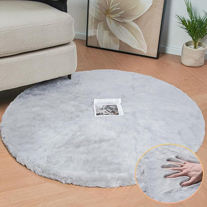 ORINOVA Grey Round Rug 3ft Machine Washable Shaggy Area Rugs for Living Room Faux Bunny Fluffy Fur Rug for Bedroom Small Circle Nursery Rug