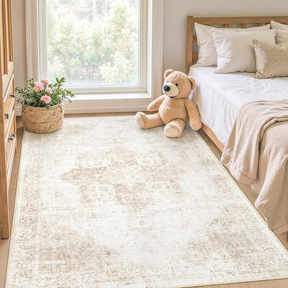 Area Rug 3x5 Washable Rug, Vintage Boho Medallion Entryway Rug Non-Slip Soft Low Pile Small Distressed Floor Carpet Retro Doormat for Kitchen Bedroom Laundry Bathroom Hallway (Beige, 3'x5')