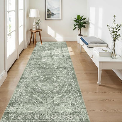 4x10 Washable Hallway Runner Rug - Wide Kitchen Runners Vintage Low Pile Carpet Soft Thin Floor Runner with Rubber Backing for Entryway Bedroom Living Room Home Decor (Muted Sage Green)