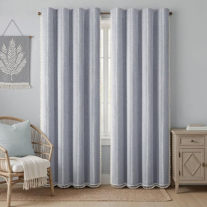 Blue Boho Blackout Curtains 2 Panels 84 Inch for Living Room Bedroom, Linen Texture Farmhouse Curtains with Tassels and White Cotton Embroidery Vintage Rustic Country Western