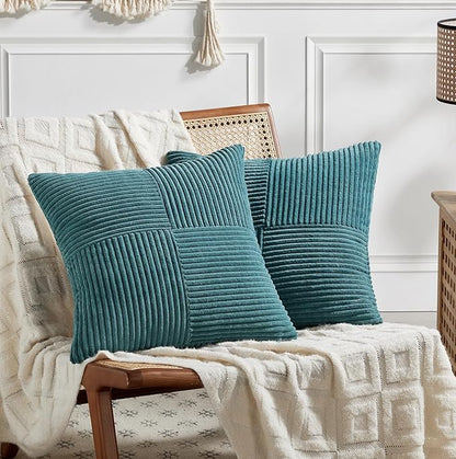 Fancy Homi 2 Packs Teal Big Decorative Throw Pillow Covers 24x24 Inch for Living Room Couch Bed, Rustic Farmhouse Boho Home Decor, Soft Corss Corduroy Patchwork Accent Square Cushion Case 60x60 cm