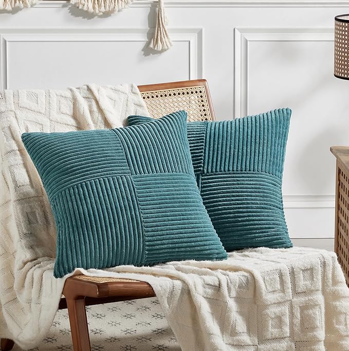 Fancy Homi 2 Packs Teal Euro Decorative Throw Pillow Covers 28x28 Inch for Couch Bed Sofa, Rustic Farmhouse Boho Home Decor, Soft Corss Corduroy Patchwork Textured Square Cushion Case 71x71 cm