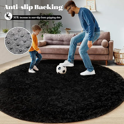 Black Round Rugs for Bedroom: 4ft Circle Fluffy Shag Soft Washable Rug Small Fuzzy Plush Indoor Carpet for Kids Girls Boys Nursery Dorm Classroom (Black, 4'x4')