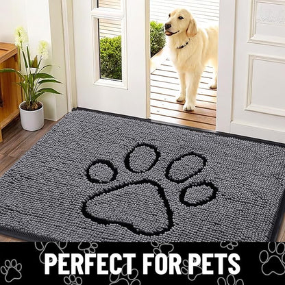 Smiry Dog Door Mat for Muddy Paws, Absorbent Dirt Trapper Non Slip Quick Dry Washable Chenille Mat for Mud Dogs, Entry Rug for Indoor and Outdoor (30x20 Inches, Dark Grey and Black)