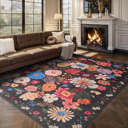 Black/Brown Living Room Rugs, Area Rugs 5x8 Rug for Bedroom Ultra-Thin Soft, Non-Slip Washable Rugs Stain Resistant Boho Rug Low-Pile Throw Rug for ‎Dining Room Office (5 x 8, Black/Brown)