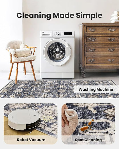 AMADA HOMEFURNISHING 2'6"x8' Washable Area Rug, Low-Profile Entryway Rug with Non-Slip Backing & Durable Edge Binding, Vintage Rug Pattern, Small Rugs for Entryway, Kitchen & Living Room