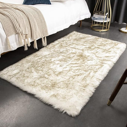 Ashler HOME DECO Soft Fox Faux Fur Chair Couch Cover Area Rug for Bedroom Floor Sofa Living Room White Brown Rectangle 3 x 5 Feet
