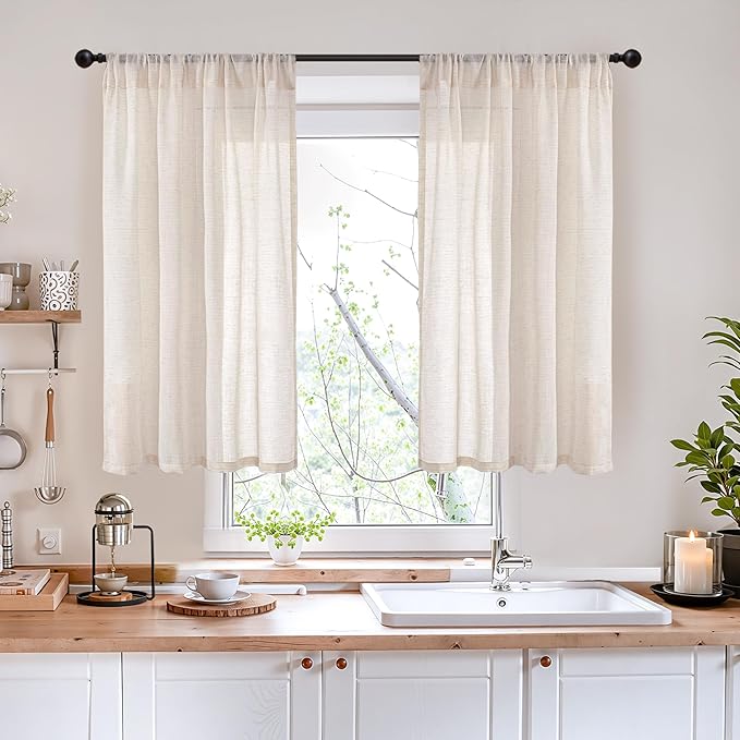 BGment Oatmeal Linen Curtains 40 Inch Length for Short Window - Semi Sheer Drapes Textured Light Filtering with Rod Pocket for Kitchen Bathroom Lightweight, 2 Panels Set, 42 X 40 Inch