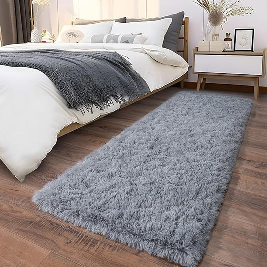 Soft Runner Rugs for Bedroom Hallways, 2x6 Grey Fluffy Shag Throw Area Rug Non Slip for Bedside Dorm, Long Shaggy Furry Carpet for Nursery Living Room