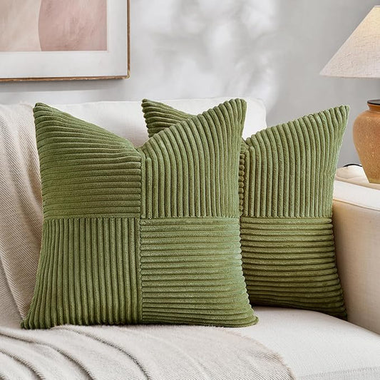 Fancy Homi 2 Packs Moss Green Samll Decorative Throw Pillow Covers 14x14 Inch with for Couch Bed Sofa, Rustic Farmhouse Boho Home Decor, Soft Corss Patchwork Corduroy Square Cushion Case 35x35 cm