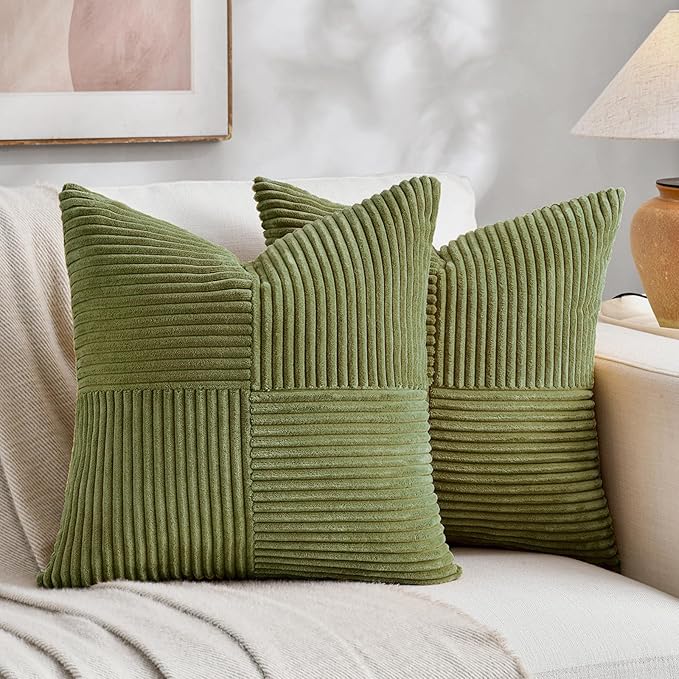 Fancy Homi 2 Packs Moss Green Euro Decorative Throw Pillow Covers 26x26 Inch for Bedroom Couch Bed, Farmhouse Boho Home Decor, Soft Corss Corduroy Patchwork Textured Square Cushion Case 66x66 cm