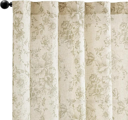 jinchan Linen Blend Floral Curtains for Living Room 45 Inch Length Farmhouse Printed Curtain Rod Pocket Back Tab Sage Green Peony Flower Patterned Drapes Bedroom Curtains Set 2 Panels