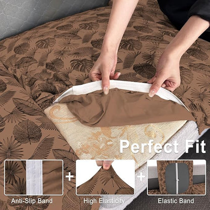 Leather Look Couch Cushion Covers Sofa Seat Slipcovers Sets Couches Furniture Protector for Sectional Armchair Loveseat Pets Kids Stretch Spandex Fabric (3 Cushion Sofa, Brown Leaf)