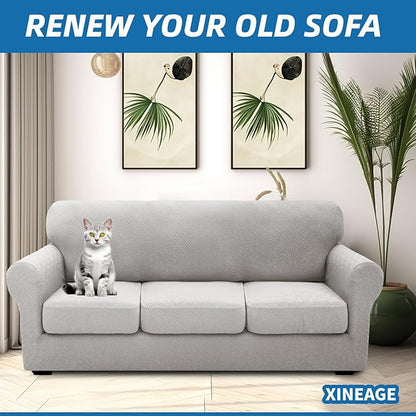 XINEAGE 2026 New 4 Pieces Extra Large Couch Covers for 3 Cushion Sofa Super Stretch Sofa Cover for 3 Large Seat Cushion Universal Slip Cover for Living Room (Silver Grey), 91"-110"(3 Cushions)
