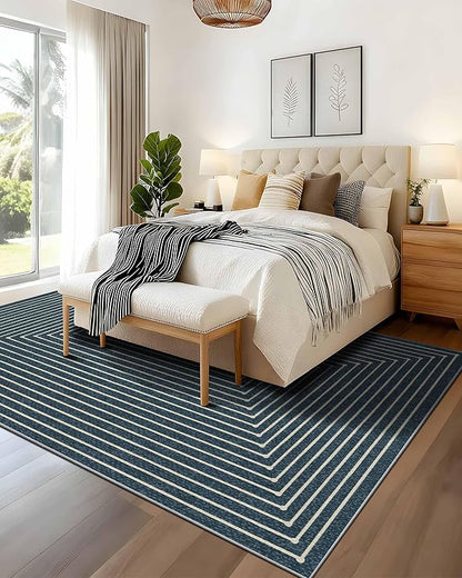 Latte&Fog 8x10 Area Rugs for Living Room, Large Modern Abstract Washable Rug, Boho Non Slip Low Pile Carpet for Indoor Bedroom Dining Room, Office, Dorm, Classroom, Farmhouse and Kids Room - Blue